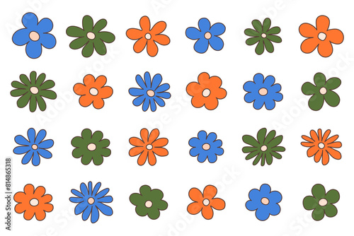 Groovy hippie 70s set. Funny cartoon flower, daisy,  etc. Sticker pack in trendy retro psychedelic cartoon style. Isolated vector illustration. Flower power.