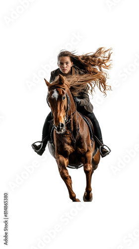 Photograph of a young woman riding a horse