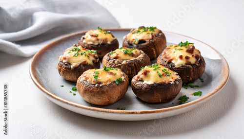 Baked stuffed mushrooms with cheese and herbs on white cooking table. Tasty food. Delicious snack