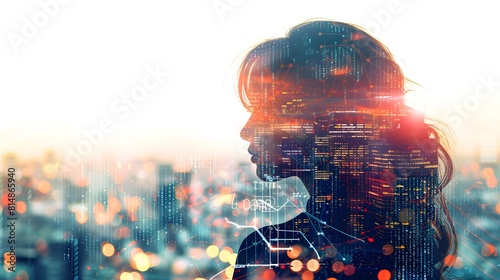 Double exposure  A woman overlaid with cityscape and data