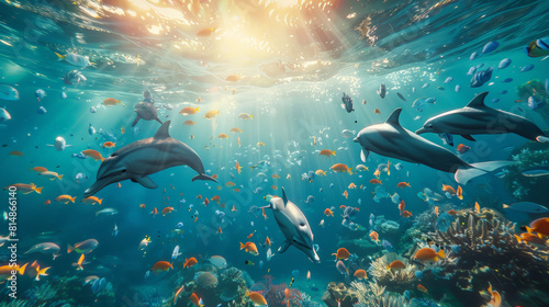An expansive underwater scene  clear blue ocean filled with playful dolphins and colorful fish  illuminated by beams of sunlight from above. 