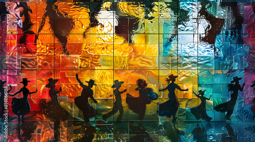 Photo realistic Salsa Dance Tiles concept: Vibrant tiles capturing the dynamic salsa dances, a festival highlight bursting with energy and color
