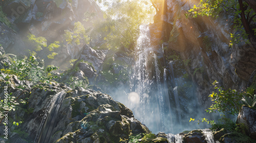  imagine prompt  An immersive mountain waterfall oasis  secluded and serene  where water cascades down cliffs detailed with PBR textures  surrounded by vibrant greenery. 