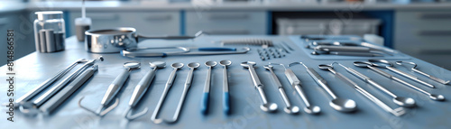 An assortment of surgical instruments are laid out on a stainless steel table