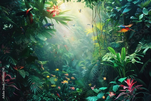 Dense tropical rainforest with vivid plants and flying birds, bathed in sunlight filtering through foliage. International Day for Biological Diversity