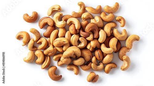Immerse yourself in the luxurious simplicity of roasted cashews with a breathtaking top-down view, their golden-brown shades and irresistible textures arranged on a pristine white background, offering