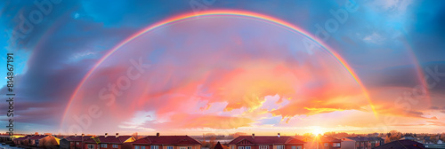 Vibrant Suburban Scene: Rainbow Delight Afternoon   A picturesque moment captured as a rainbow emerges over suburban rooftops, adding a colorful touch to everyday life. Photo reali photo