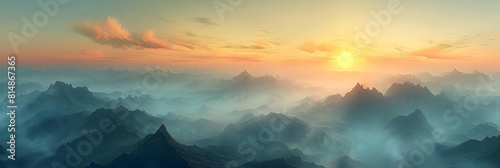 Early Morning Splendor: Sunrise Breaking Through Misty Mountain Peaks   Ideal for Breathtaking Natural Wallpapers in Photo Realistic Concept photo