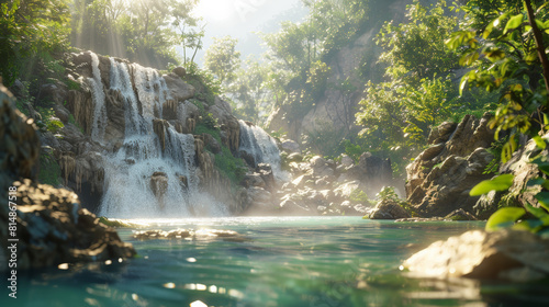 Capture the tranquility of a mountain waterfall oasis  where detailed rock textures and realistic water physics meet lush vegetation. 