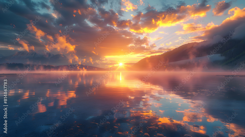 Spectacular Sunset Hot Springs Vista: Colorful Reflections in Steamy Waters at Dusk Photo Realistic Stock Concept Spectacular Sunset Hot Springs Vista: Colorful Reflections in Steamy Waters at Dusk Photo Realistic Stock Concept