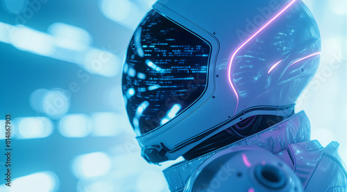 Futuristic White Robot Helmet Illuminated by Neon Lights