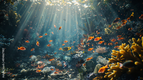 Capturing the essence of an underwater coral reef, this scene features a rich tapestry of marine life illuminated by light rays through the water.