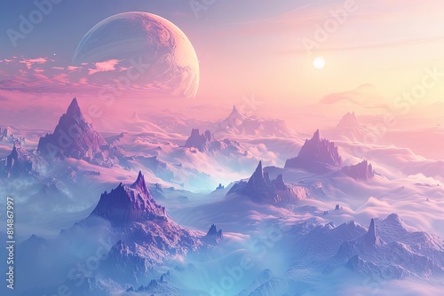enchanting alien landscape with floating fantasy mountains on opalescent planet dreamy 4k wallpaper illustration