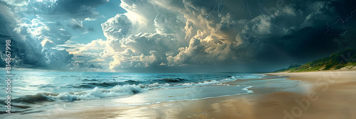 Photo realistic view of a Thunderstorm Approaching Beach: Dark thunderclouds over a serene beach, blending calm with chaos in a stunning concept
