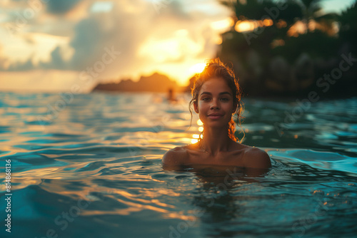 Aquatic yoga practitioners finding peace on paddleboards  mastering poses on tranquil waters .Woman swimming in liquid body of water at sunset  under the colorful sky