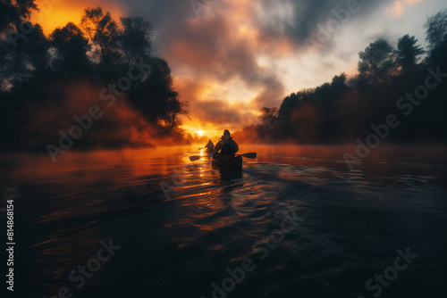 Canoeists paddling through mist-shrouded waters at dawn  immersed in nature .Person kayaking on river at sunset with sky afterglow reflecting on water