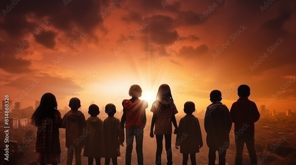 Silhouette of a diverse group of refugee kids standing in worship at dawn, symbolizing hope and faith. Capturing the essence of World Refugee Day and Juneteenth, this image portrays the power 