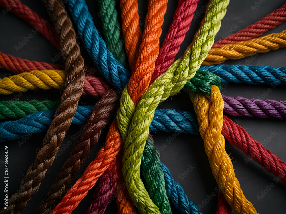 close up of a rope,. Strong diverse network rope team concept integrate braid color background cooperation emp