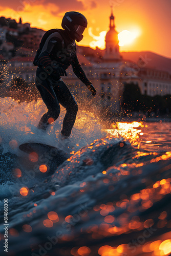 Flyboarder propelled high above water's surface, executing gravity-defying maneuvers .a person is riding a wave on a surfboard in the water at sunset photo