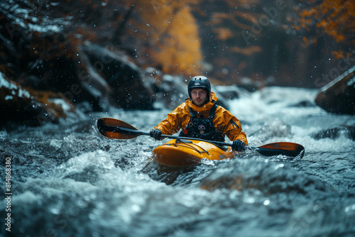 Kayakers navigating through exhilarating river rapids, slicing through rushing water .Man in yellow kayak navigating down river with paddle