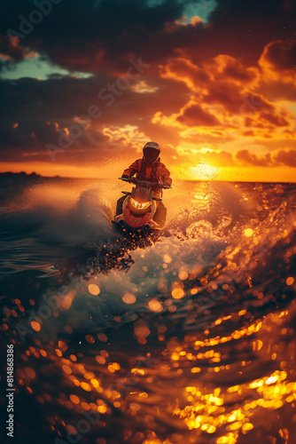 Jet skier performing daring stunts on tranquil waters, leaving spray trails .Riding a snowmobile in the ocean during sunset, under a red sky at dusk