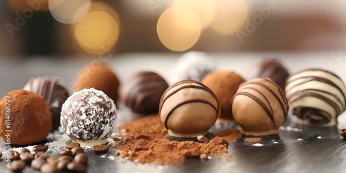 Close-up of homemade chocolate truffles and coffee truffles on a table. Concept Food Photography, Chocolate Truffles, Coffee Truffles, Close-up Shots, Table Setting
