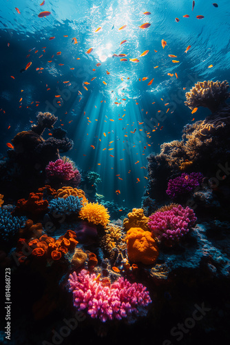 Underwater photographers capturing beauty of marine life in coral reefs .Sunlight filters through water  illuminating marine life on a coral reef