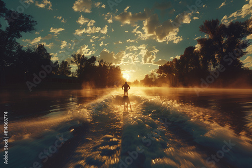 Water skiers carving through calm lake waters, leaving elegant trails behind .Boating on a lake at sunset, surrounded by water, clouds, and natural landscape