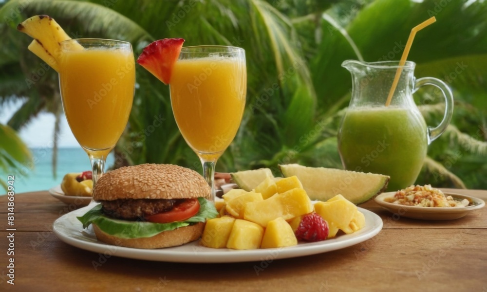 A plate of food and drinks is set out on a table by the ocean