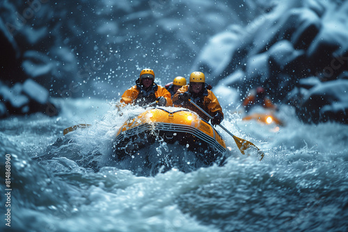 Whitewater rafters navigating through turbulent rapids, conquering churning waters .Group navigating water in boats, helmets on, using paddles