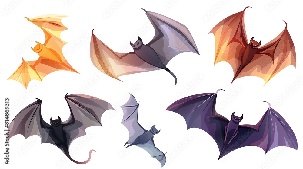 Bats flat design, side view, Halloween theme, cartoon drawing, colored pastel Bats flat design, side view, Halloween theme, cartoon drawing, colored pastel