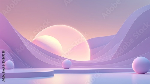 3D rendering. Futuristic landscape with podium. Pastel colors. Abstract background.