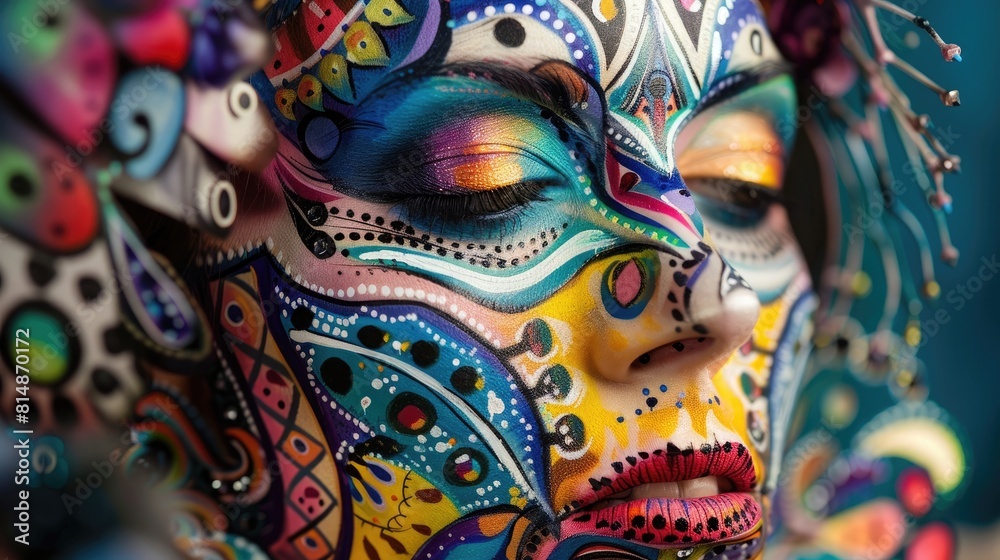 A woman's face is painted with a variety of colors and patterns