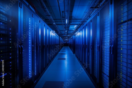 Blue light in the server room. Rows of server racks with bright blue lights in a modern data center.