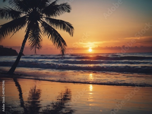 Beach Bliss  Retro Sunset with Palm Tree Silhouette