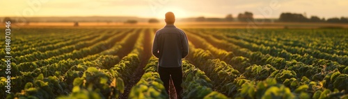 Farmer walking through a field of soybeans at sunset