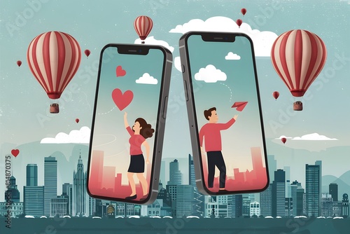 Two phones show love scenes: woman reaching with heart, man sending heart plane. Skyline with hot air balloons.