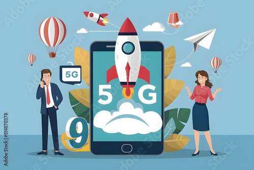 Colorful, futuristic scene with 5G smartphone, rocket, man in suit, woman gesturing, balloons, plane.