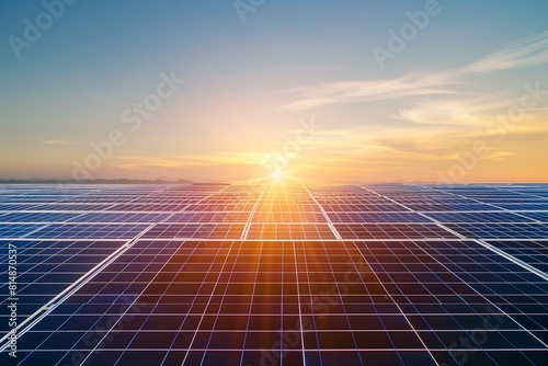 Large solar farm producing clean renewable energy at sunset.