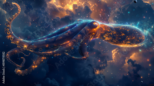 A fantasy depiction of a squid with luminescent tentacles gliding through a dark, otherworldly sky filled with strange celestial formations, copy space photo