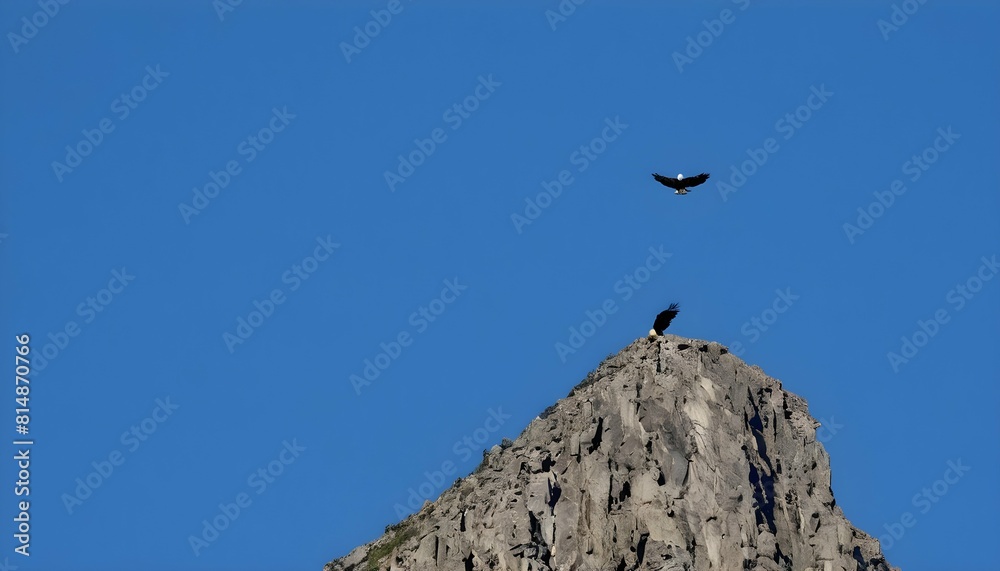 A mountain peak with a pair of eagles soaring over