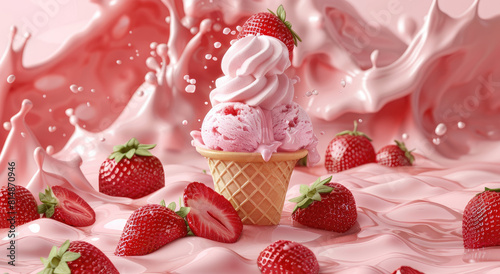 A vibrant advertising banner featuring an ice cream cone with pink and red swirls of strawberry ice cream, surrounded by strawberries floating in the air