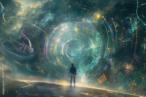 The image is an illustration of a person standing in a surreal landscape. The person is looking at a large, glowing portal in the distance.