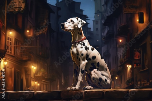 Dalmatian Sitting Under Street Light in Nighttime Cityscape