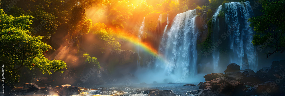 Awe Inspiring Waterfall Rainbow: Captivating Nature s Beauty with Misty Rainbow at Mighty Waterfall in Enchanting Forest   Photo Realistic Concept