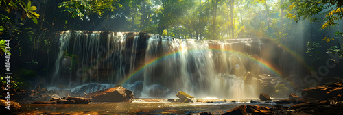 Rainbow Mist Over Waterfall  Stunning Visual Spectacle in Lush Forest   Photo Realistic Stock Concept