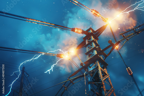 A tall power pole with wires and lightning bolts