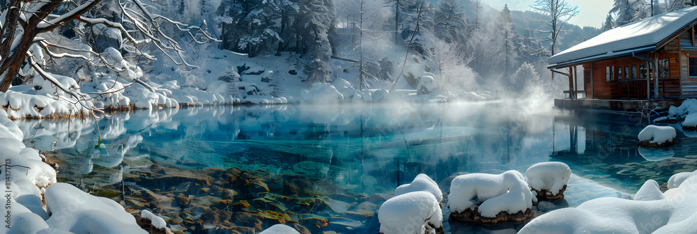 Fototapeta premium Winter Wonderland: Snowy Landscapes and Steaming Hot Springs A Photo Realistic Escape into the Heart of Winter s Beauty