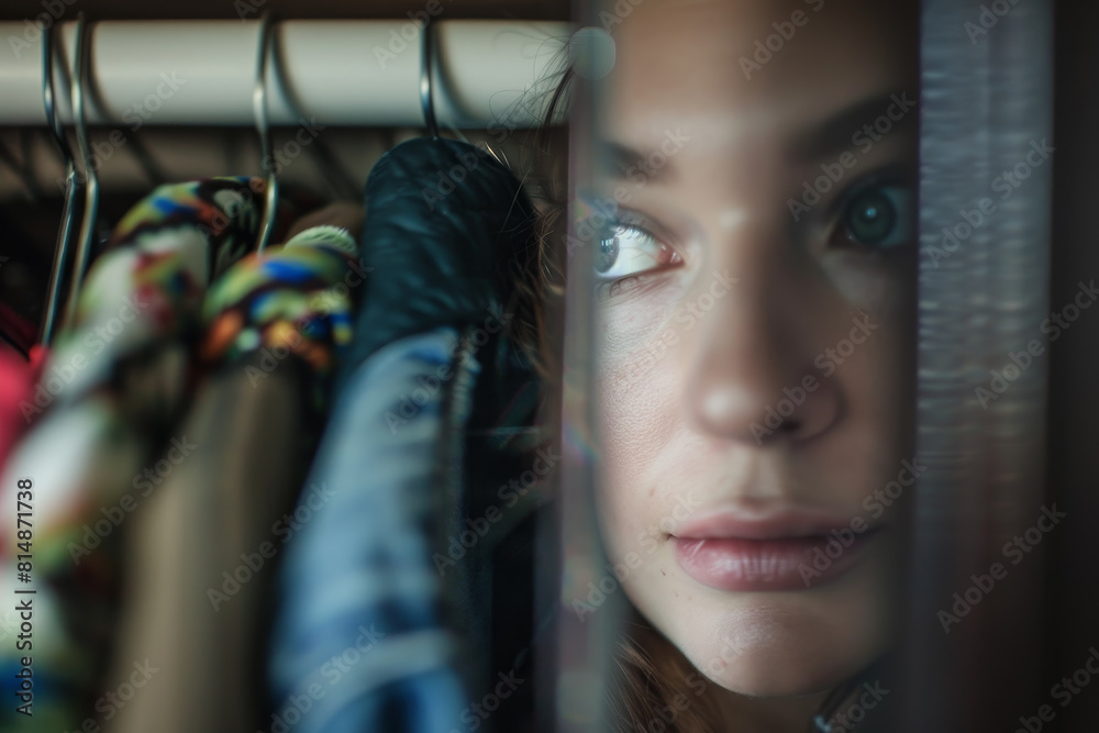 A woman is looking at the camera through a closet door