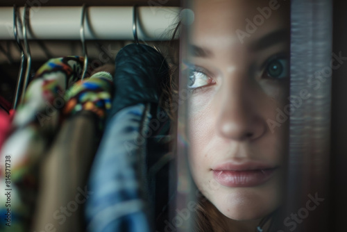 A woman is looking at the camera through a closet door